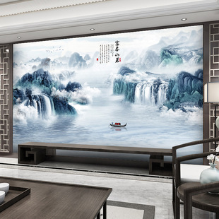 New Chinese style ink painting TV sofa background wallpaper tea room living room decoration wall cloth water and wealth landscape painting wallpaper