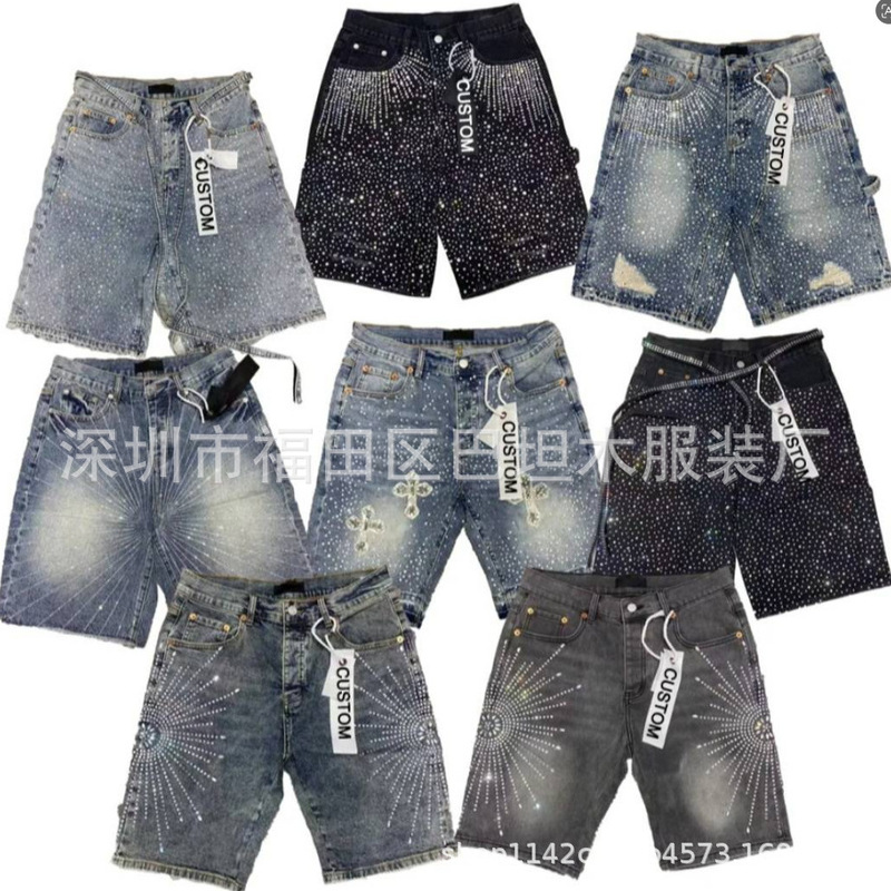 Cross-Border Exclusive Supply of American-Style Trendy Brand Purple Star-Studded Rhinestone Denim Shorts, New Summer Style, Loose High-Street Style for Men Cross-Border Exclusive Supply of American-Style Trendy Brand Purple Star-Studded Rhinestone Denim Shorts, New Summer Style, Loose High-Street Style for Men