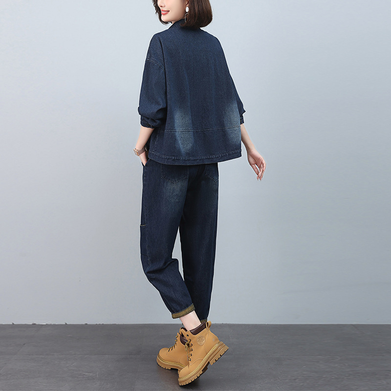 Denim suit Women's 2024 New Spring and Autumn Western-style plus size Jeans Mother Slimming Long Sleeve Casual Two-piece Set