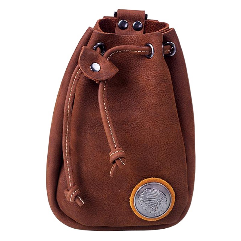 Handmade Vintage Top Layer Cowhide Ami Khaji Financial Buckle Leather Bag Small Waist Bag for Men