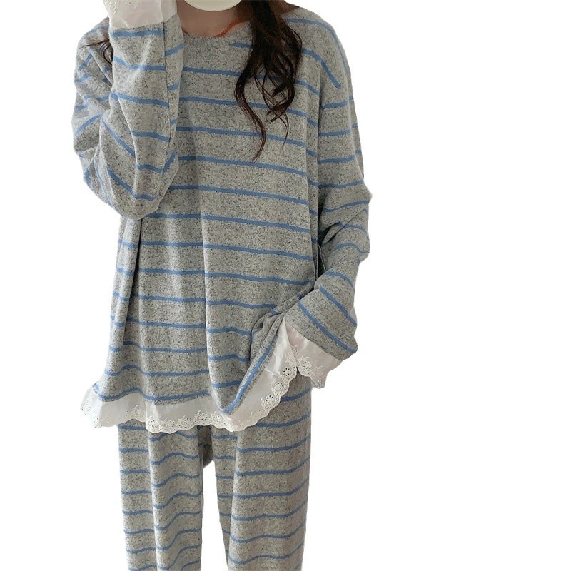 한국 가을과 겨울 새 잠옷 여성 한국 줄무늬 간단한 편안한 레이스 세트 캐주얼 느슨한 캐주얼 홈 의류