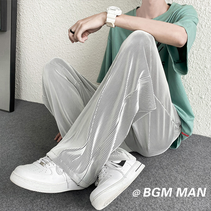 Striped Ice Silk Pants Men Summer Thin Trendy Plus Size Casual Long Pants Trendy Brand Straight Loose Wide-Leg Pants