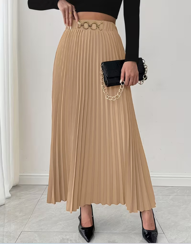 Vêtements pour femmes - Nouvelle jupe midi plissée polyvalente - Taille haute - Coupe trapèze_voghion.com