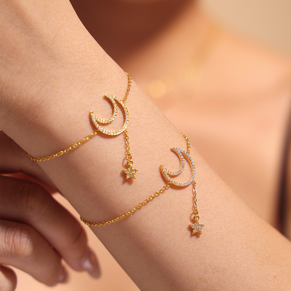 Square Sugar Starry Moon Set With Zircon Tassel Double Layered Clavicle Necklace, Feminine Style Bracelet, Titanium Steel Minimalist Set_voghion.com
