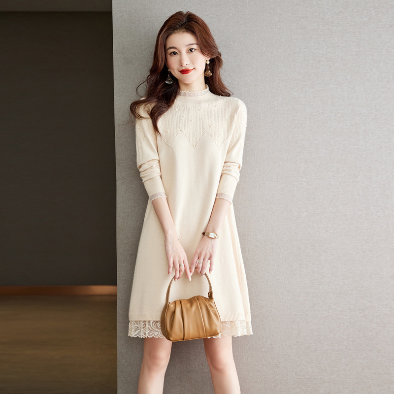 Autumn and Winter Lace Sweater Dress for Women 2025 New Mid-Length Base Shirt with Elegant Large Size Women's Knitted Dress