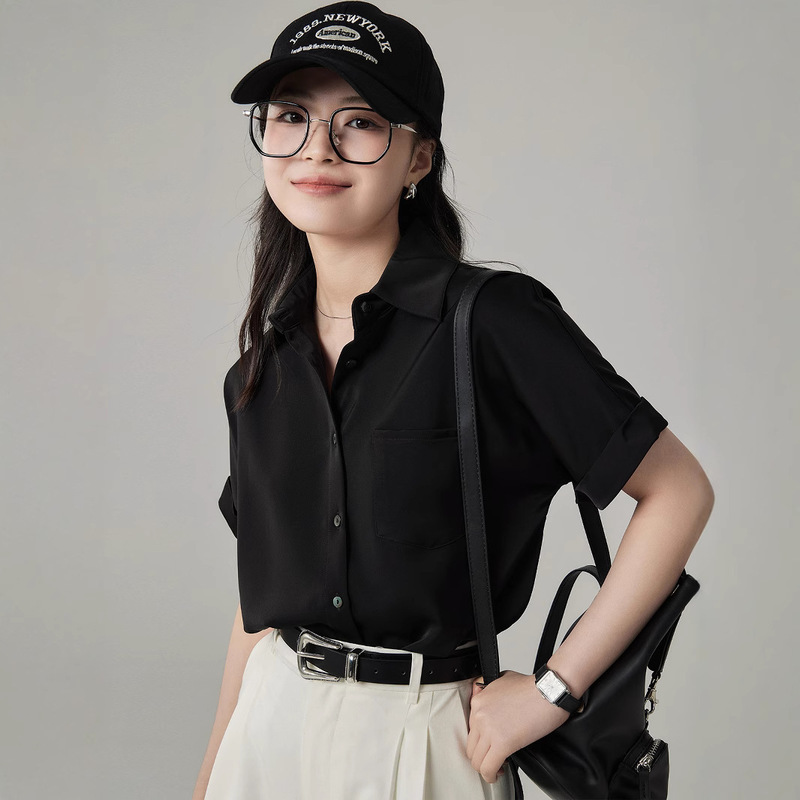 Yako Black Satin Short-sleeved Shirt Women's Summer Professional Commuting Elegant Draped Casual Shirt Women's