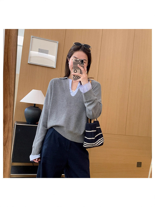 假两件撞色拼接条纹针织衫女大码春秋新款设计感宽松领长袖上衣|undefined