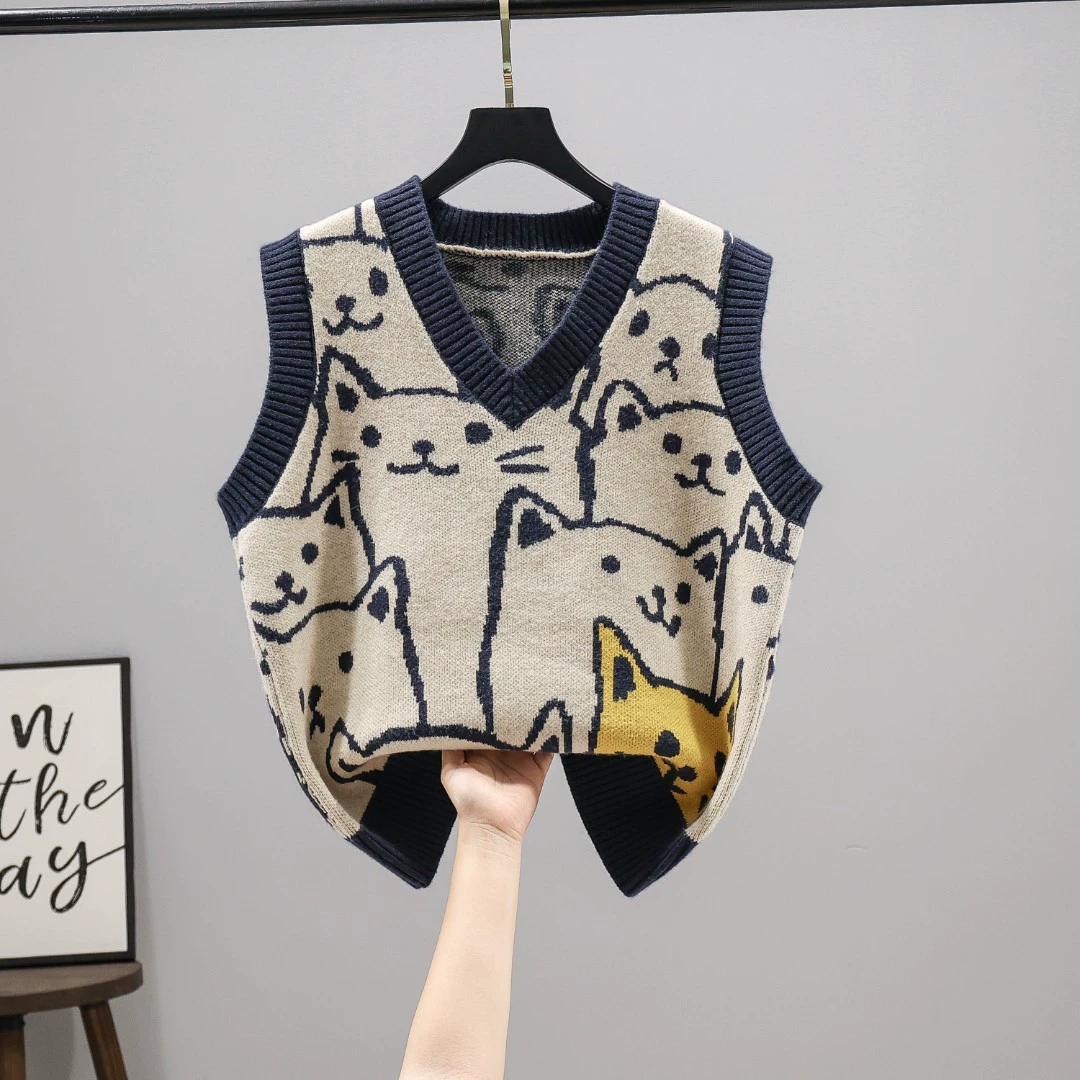 Ранней осени новый вязаный жилет с мультяшным котенком в стиле ретро, женский свободный Универсальный свитер, жилет, женский модный топ