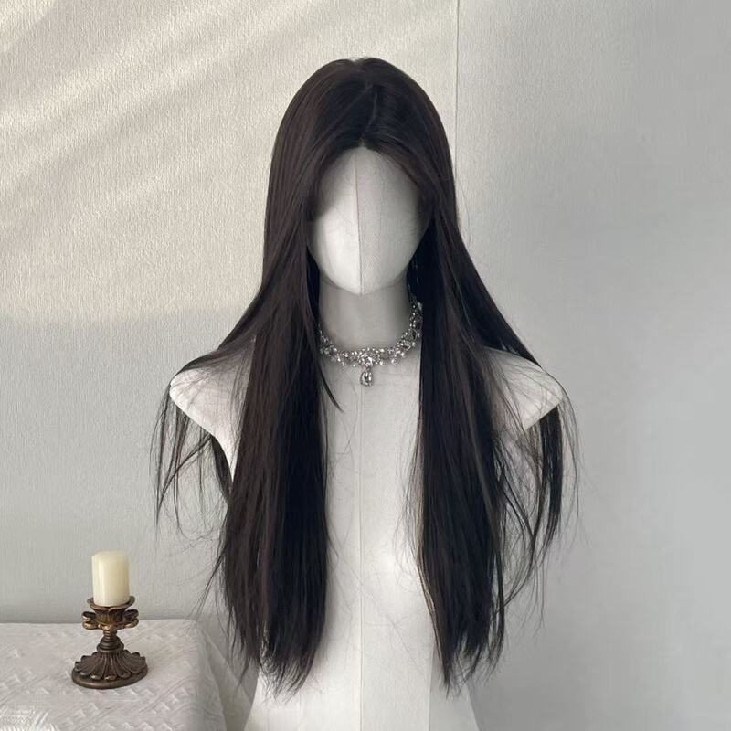 Black Wig for Women with Small Forehead, Lace, Long Straight Hair with Bangs, Everyday Versatile Black Long Straight Cosplay Full Headpiece