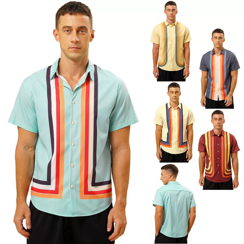 Cross Border Men's Shirt Bowling Shirt Striped Pattern Cuban Collar Outdoor Casual Short Sleeve Shirt Amazon