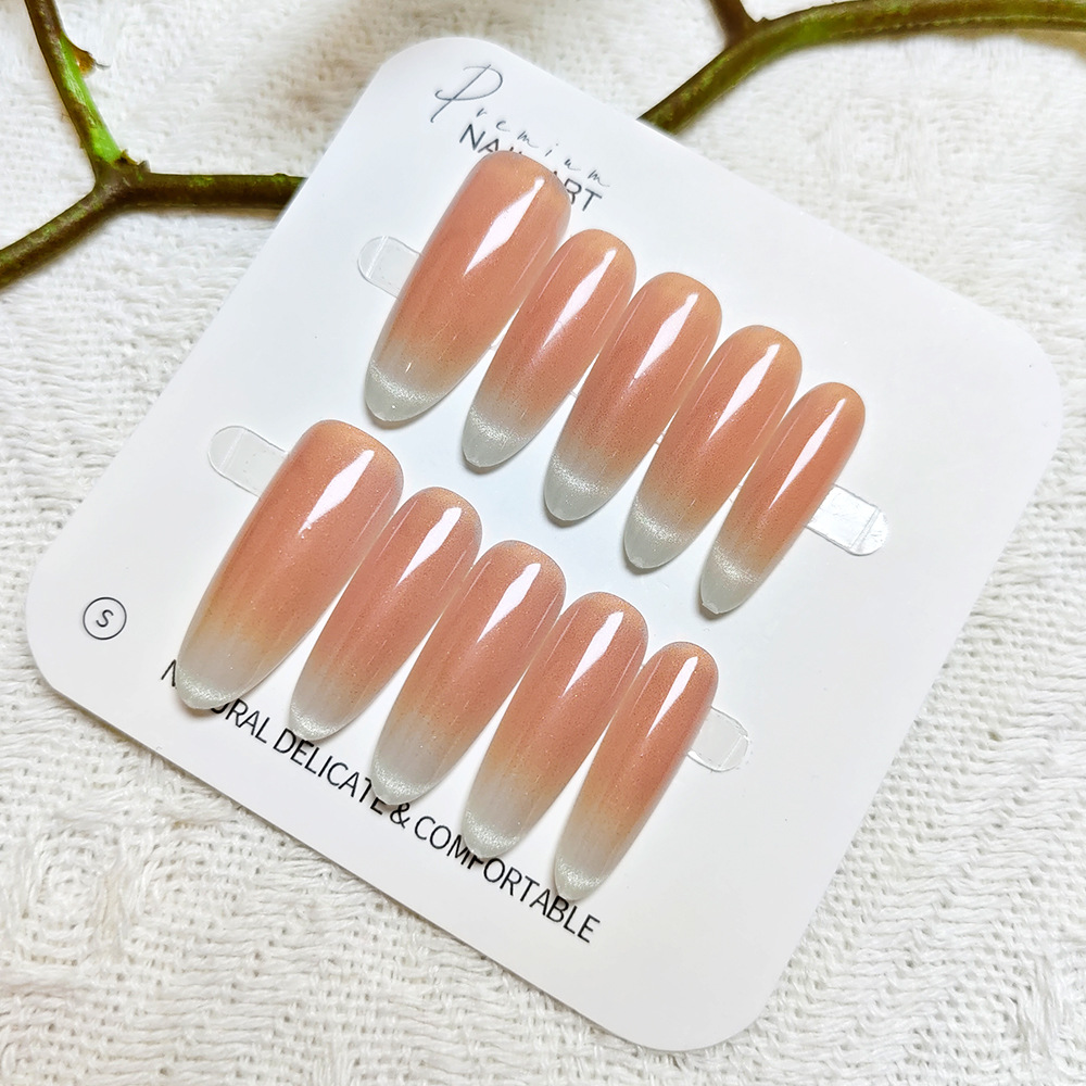 Polvo desnudo blanco gradiente ojo de gato manicura elegante largo desgaste de uñas 10 piezas de parche de uñas de código de decodificación terminado image 7