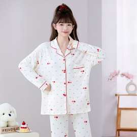 厂家批发睡衣女新款春秋季卡通开衫长袖长裤翻领印花家居服套装