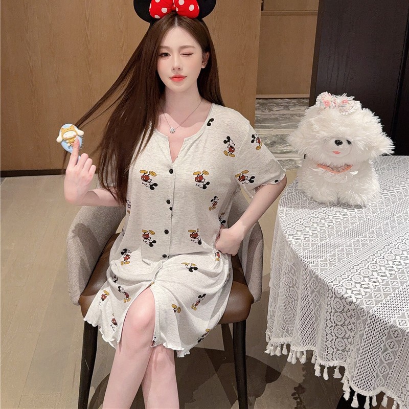 여성 여름 모달 스레드 코튼 만화 미키는 해충 코튼 홈 옷을 입은 느슨한 반팔 잠옷을 인쇄했습니다.