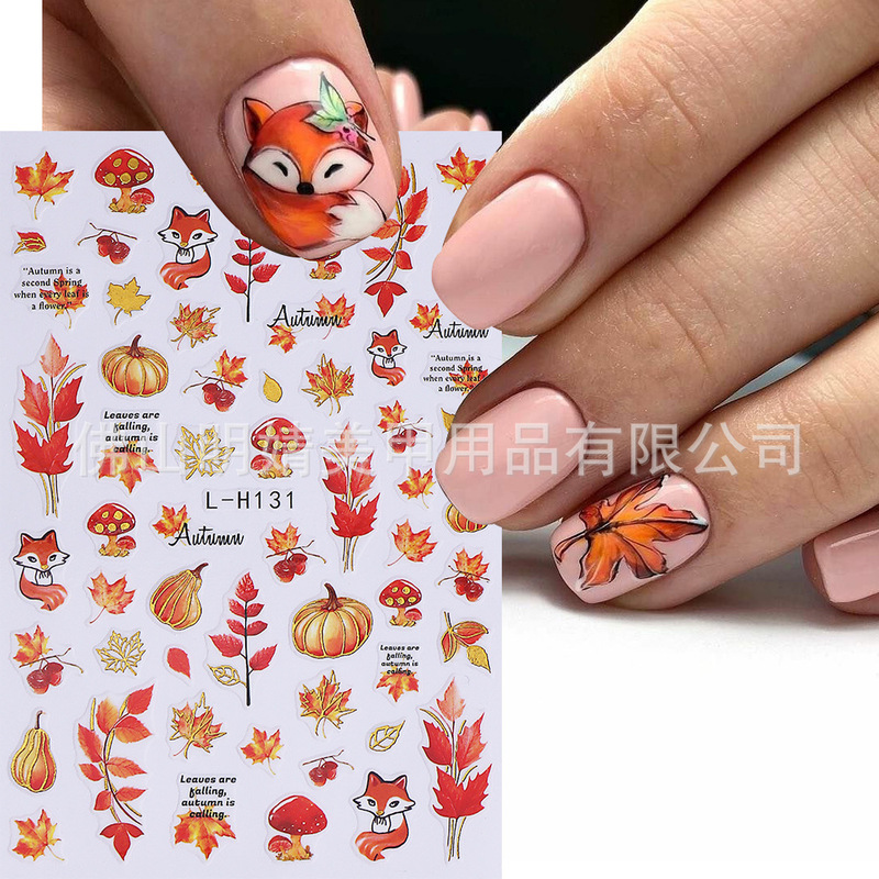 Cross-Border Ins Style Autumn Nail Art Stickers Gold Edge Fallen Maple Leaves Fox Autumn and Winter Black Gold Flower Leaves Nail Stickers