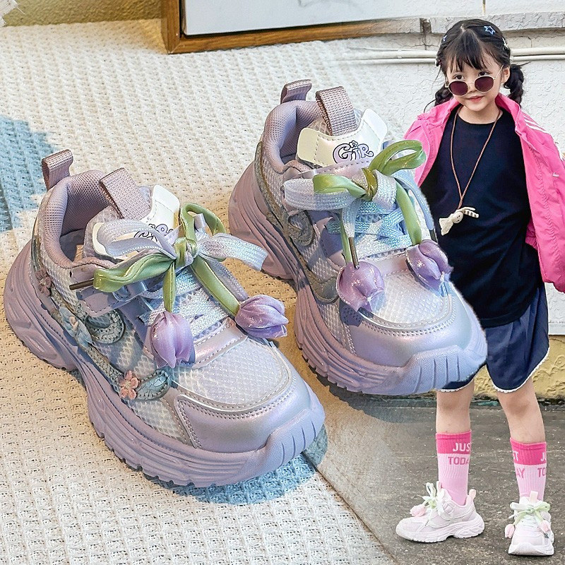 女童运动鞋2025春秋新款网面透气女孩软底跑步鞋时尚花朵老爹鞋潮|undefined