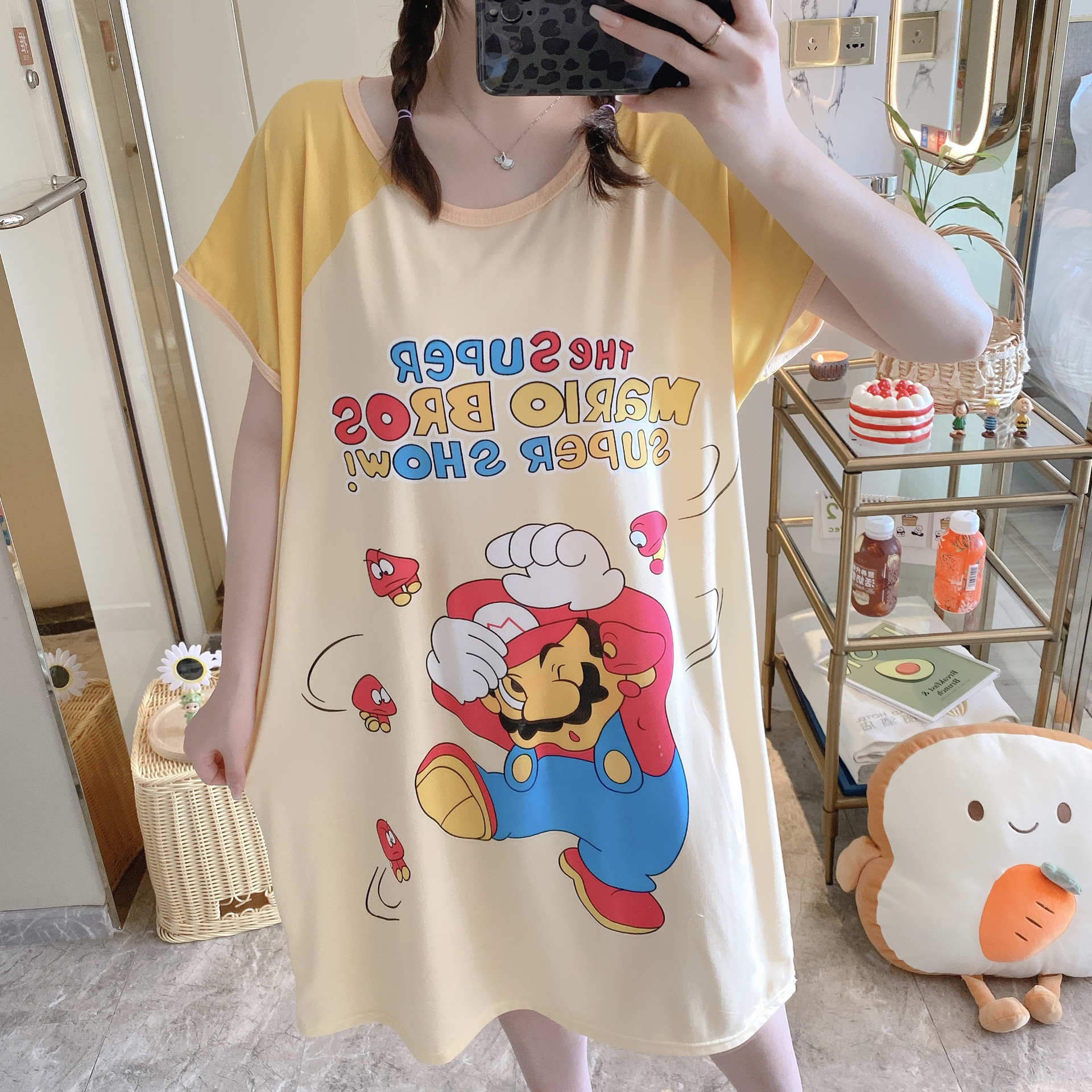 Sudeste asiático barato camisón flojo de las mujeres más tamaño Delgado verano dibujos animados manga corta pijamas inicio desgaste camisón puesto