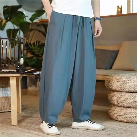Pantalones deportivos de algodón y lino pantalones de verano de los hombres sueltos extra grandes pantalones de pierna ancha estilo chino cintura elástica tobillo-atado bloomers de práctica