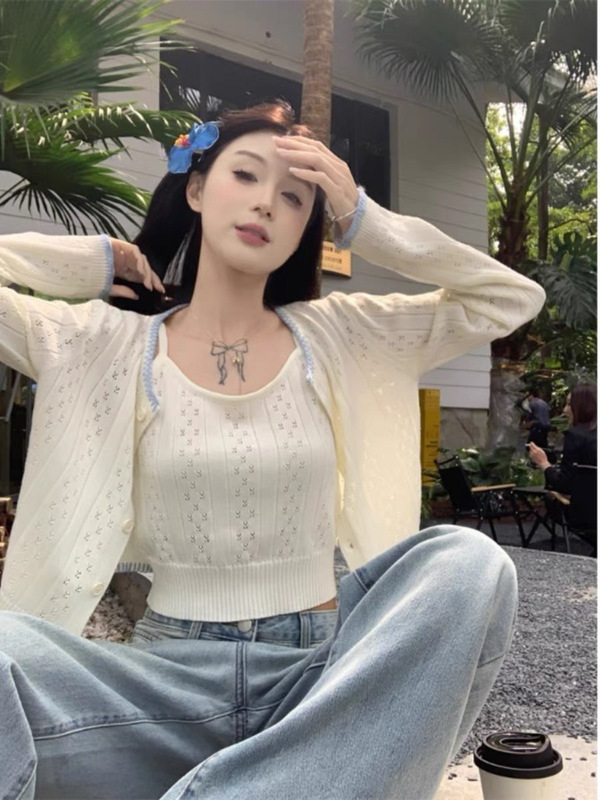 韩系针织开衫配吊带两件套装女新款早秋季毛衣外套设计感上衣穿搭|undefined