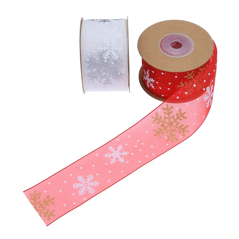 38mm de ancho transfronterizo nuevo polvo impresión copo de nieve cinta de regalo de Navidad flores cinta de regalo decoración cinta