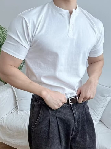 American heavy short-sleeved men's polo shirt mature stable tight cuffs fitness sports casual t-shirt summer Henry collar