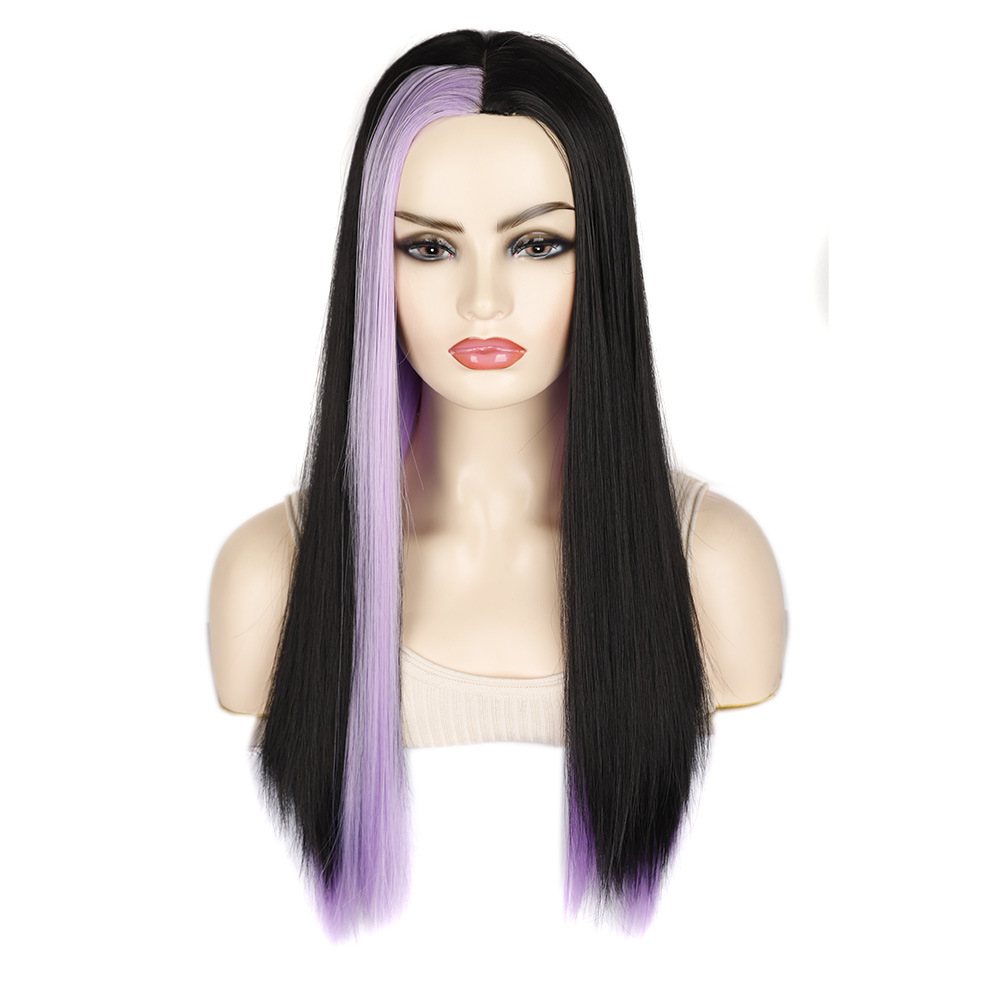 Perruque synthétique aux cheveux longs. La perruque a une frange colorée à la mode et une couverture de cheveux raides._voghion.com