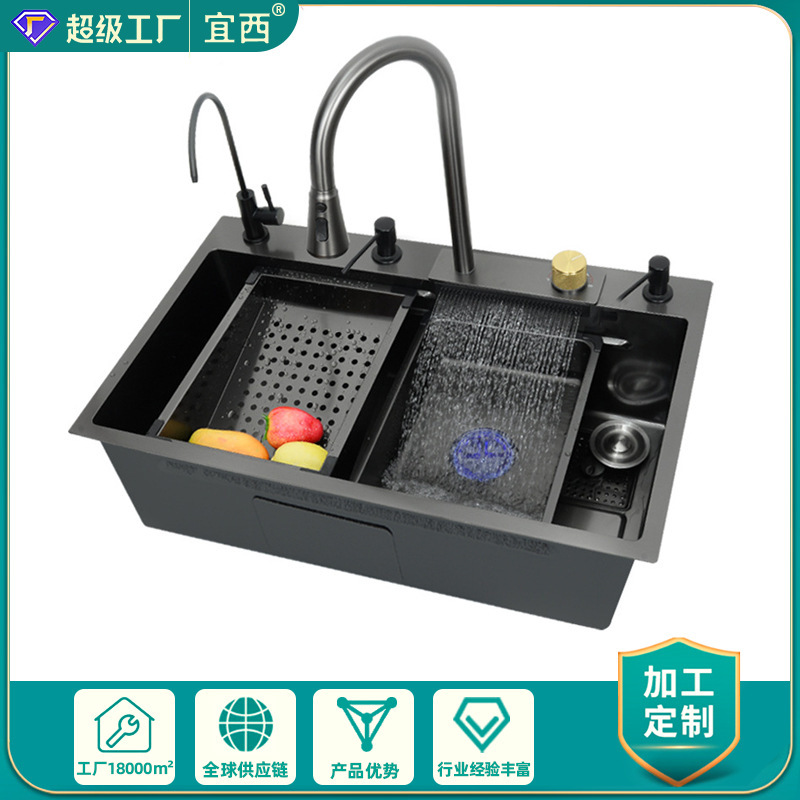 304 Stainless Steel Kitchen Sink with Pull-Out Faucet, Large Single Bowl Sink for Washing Vegetables and Dishes, Large Size