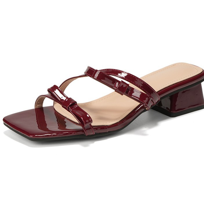 Bowknot Patent Leather Chunky Heel Ankle Strap Sandals For Women_voghion.com