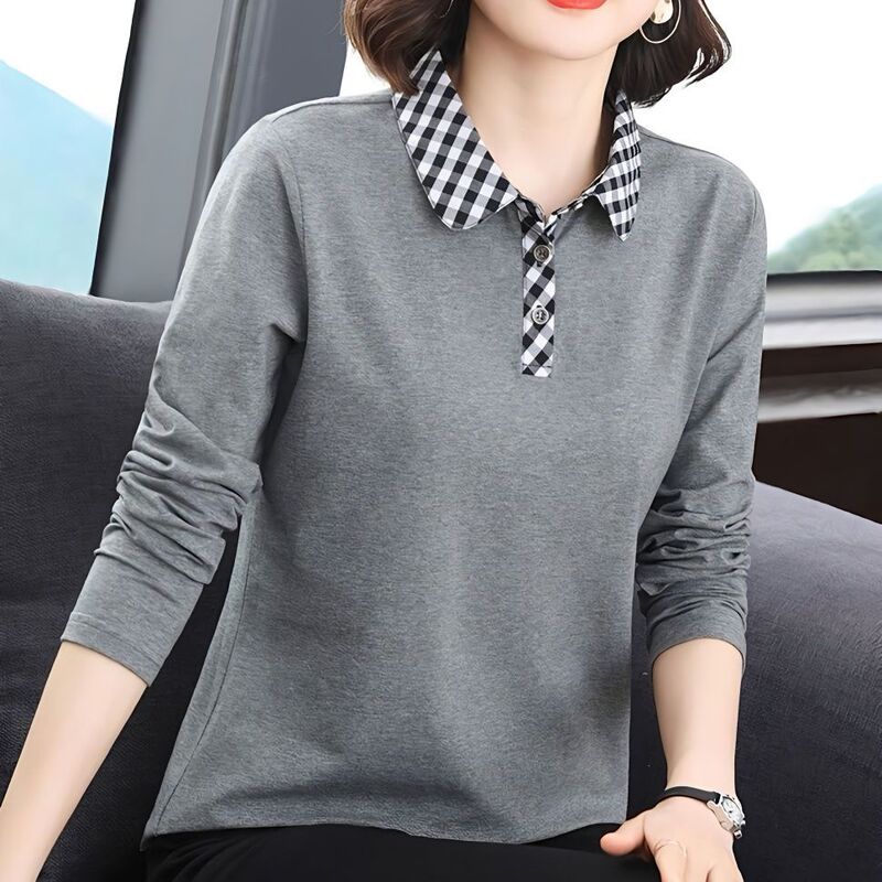 Foreign Trade Elegant Long-Sleeved T-Shirt Women's 2025 Spring & Fall New Shirt Plus Size Mother's Wear Polo Lapel Outer Top
