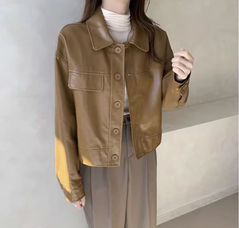 韩系帅气机车服皮衣翻领短外套女秋冬新款休闲宽松长袖皮夹克上衣|undefined