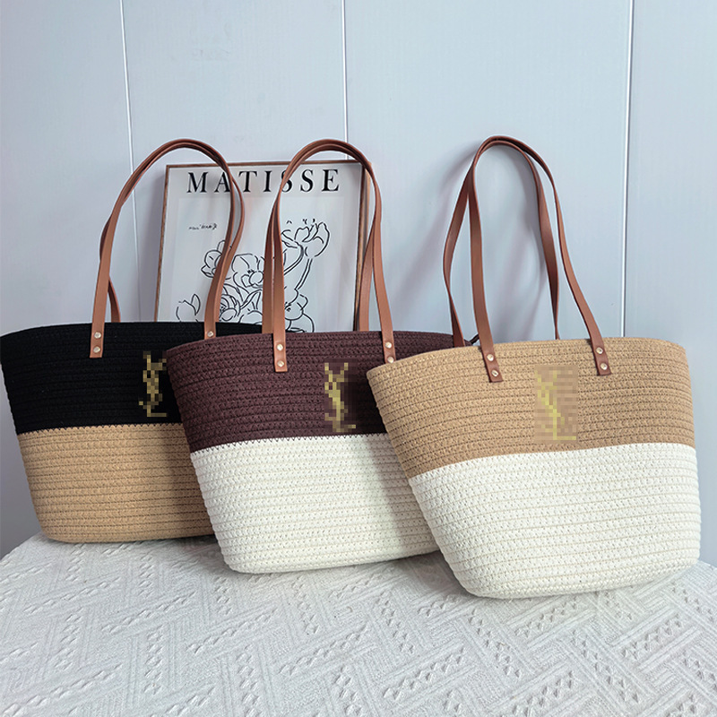 New Lightweight Beach Woven Bag for Women, Trendy Tote Bag, Shoulder Bag, Large Capacity, Color-Blocking Large Tote Bag Wholesale