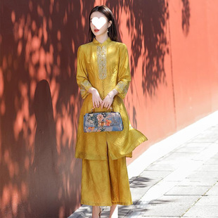 New Year's New Wide-Leg Pants Suit Women's Summer Ethnic Style Tang Suit Top Improved Retro Daily Cheongsam Two-Piece Set