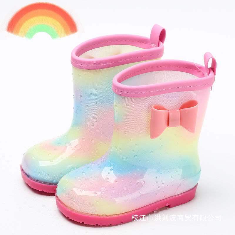 Children's Rain Boots, Kidsren's Kindergarten Baby, Cute Rainbow Girl Princess Non-Slip Rain Boots, Water Shoes, Plus Velvet Water Boots