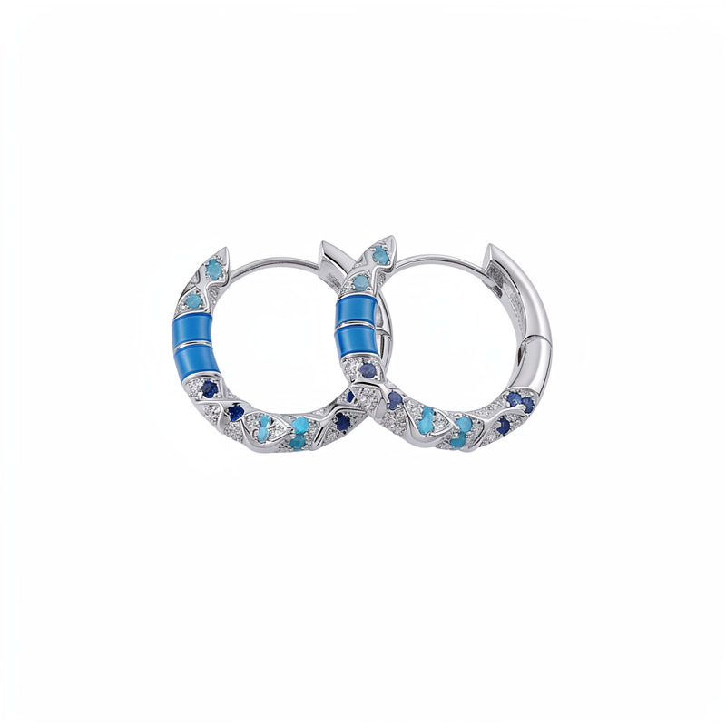 Zircon azul goteo de aceite geométrico perfiles de orejas redondas temperamento simple pendientes cotidianos lujosos de alta calidad al por mayor
