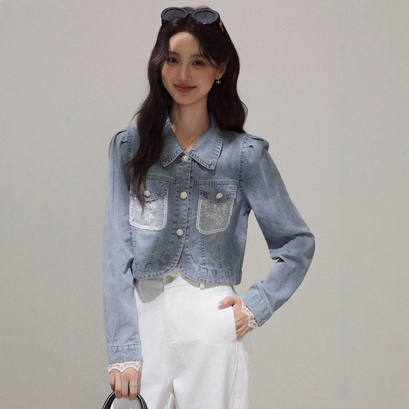 小香风蕾丝拼接牛仔短外套女长袖2025春秋新款小个子气质夹克上衣|undefined
