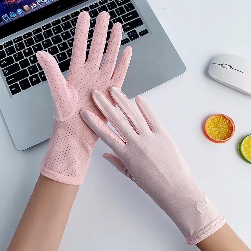 Guantes de protección solar de las mujeres fina protección UV seda de hielo alta elástica verano al aire libre equitación arco guantes de pantalla táctil