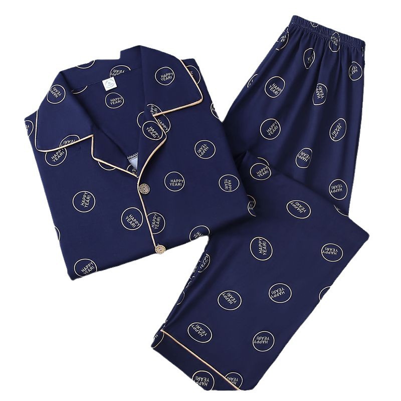 Pijamas de algodón para hombres primavera y otoño de manga larga juventud de mediana edad suelta grande se puede usar fuera del conjunto de ropa de casa