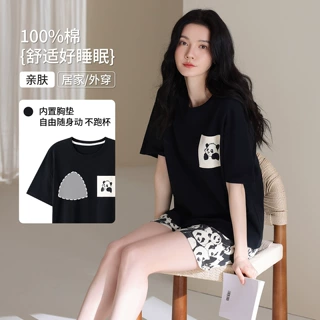 纯棉睡衣女款2026新款自带胸垫宅家基础款可外穿短袖短裤家居服