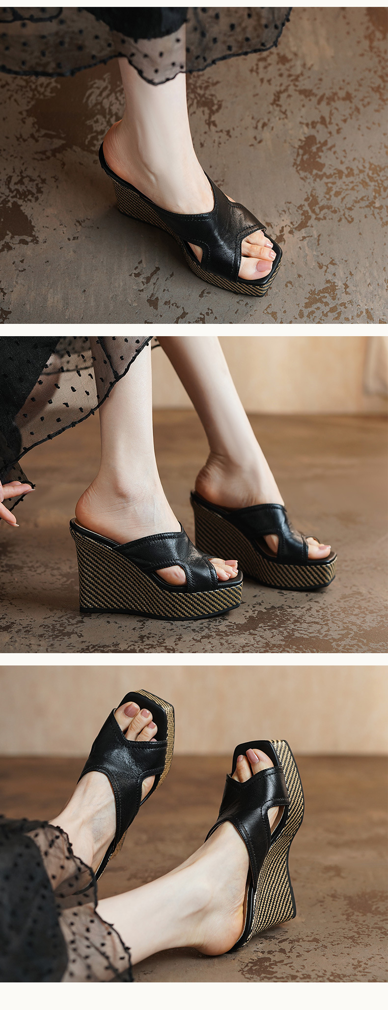 Sandal cao gót nữ hở mũi mũi vuông chất liệu da cừu, đế xuồng cao 11 cm — Nâu vàng, màu đen, màu trắng ngà chi tiết 4