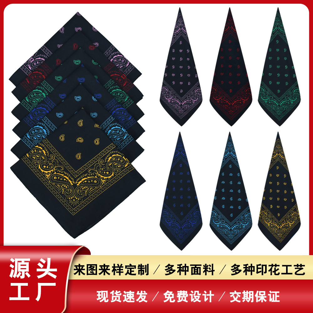 Cross-border European and American paisley polyester black background single paisley square scarf, suitable for outdoor street dance, hip-hop, and versatile magic headwear