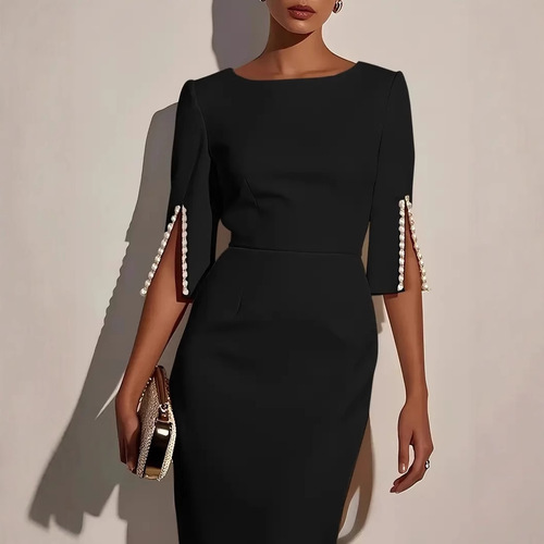 2025 new European and American Amazon cross-border spring and summer solid color commuting beaded slim dress for women