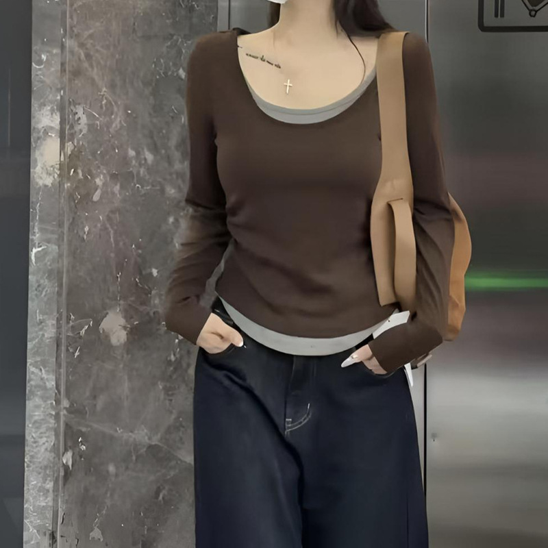 2025秋季新款假两件撞色圆领长袖T恤女宽松遮肚内搭打底衫上衣女|undefined