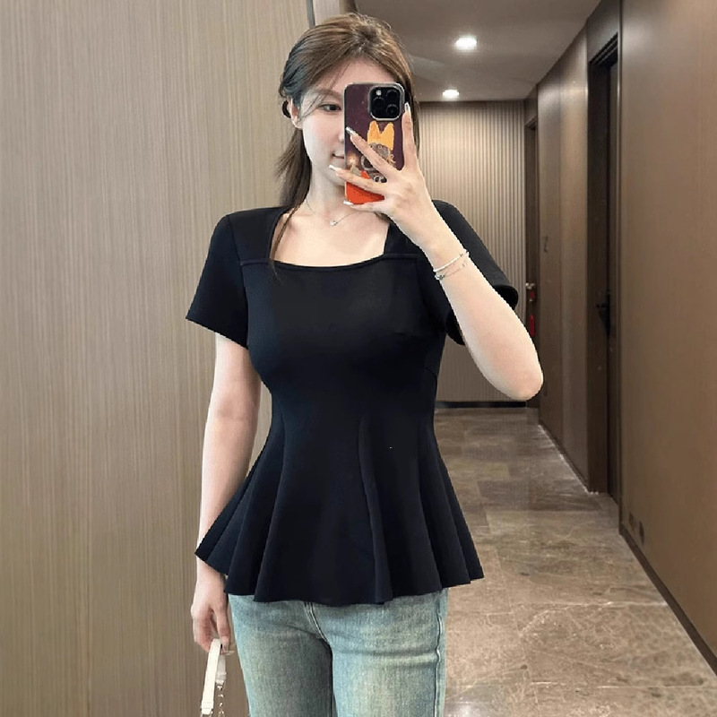 120kg 大きいサイズスクエアネックショルダー半袖 Tシャツ女性の夏の太った mm お腹カバー痩身フリルトップフィッシュテールスカート|undefined