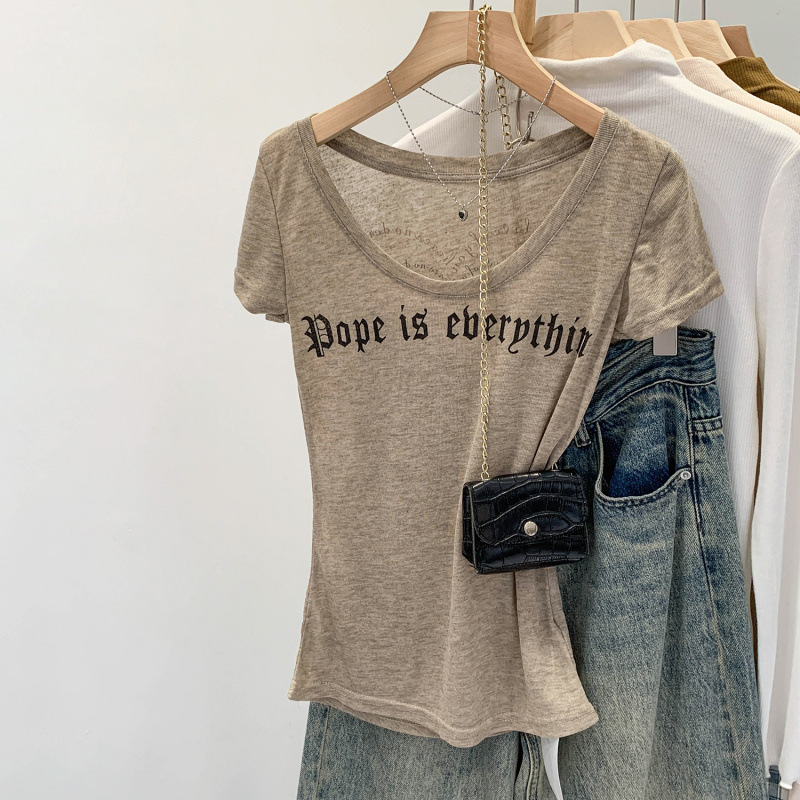 Affordable Women's Clothing Lyocell Tencel Wool American Retro Letter Printed Short-Sleeved T-Shirt for Women 2025 New Sexy