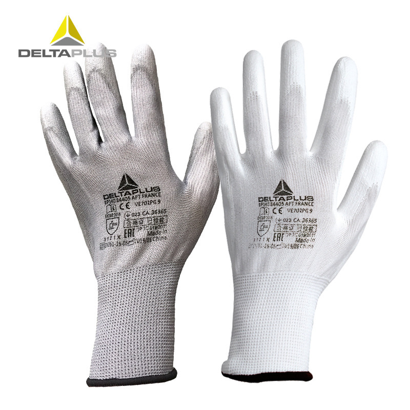 代尔塔PU涂层手套工地防滑耐磨透气劳保手套电子检查精细操作手套