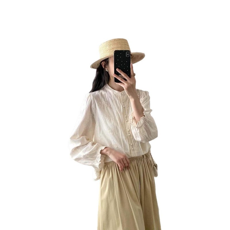琪镌绘制秋季韩版圆领刺绣单排扣宽松女长袖衬衫甜美显瘦上衣6878|undefined
