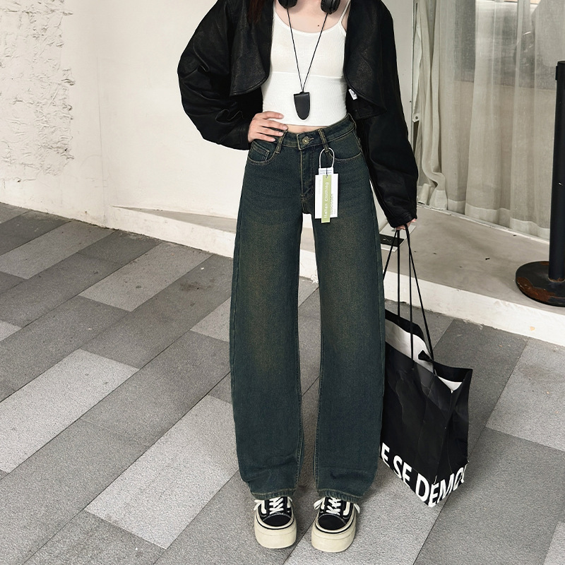 Korean Style Retro Mid-Waist Jeans Winter Velvet Thickened Loose Slimming Wide-Leg Scimitar Pants