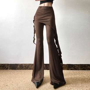Mocha Coffee Style Design Tassel Ribbon Versatile Pants for Women High-Waisted Slimming Faux Two-Piece Flared Long Pants