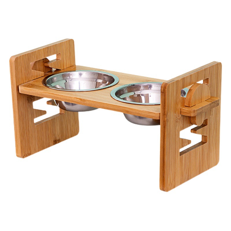 En stock bambú Pet Tazón estante solo Tazón doble tazón de fuente de alimentación de mascotas estante de madera estante de alimentos con acero inoxidable tazón