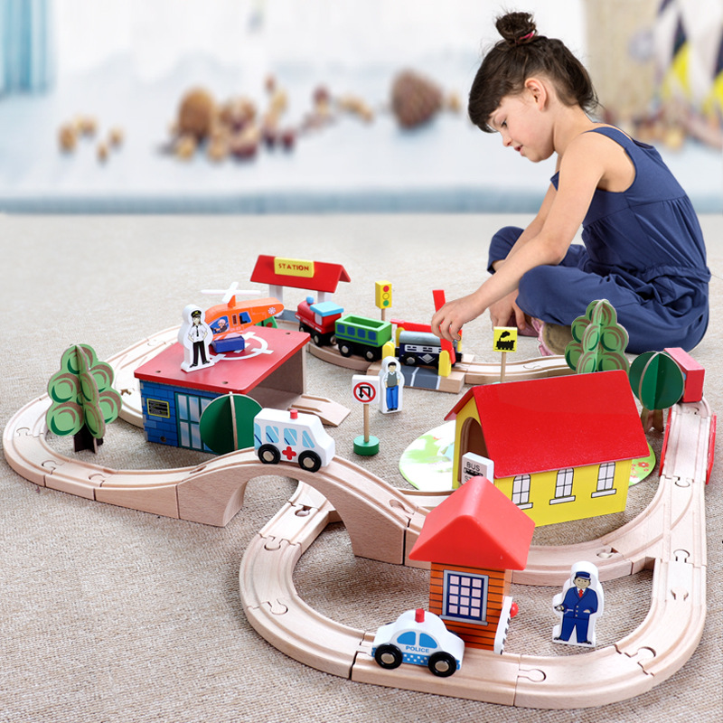 Transfronterizos 70 piezas vagón tren pequeño conjunto de madera para niños puzzle bloques ensamblados juguetes para niños niñas