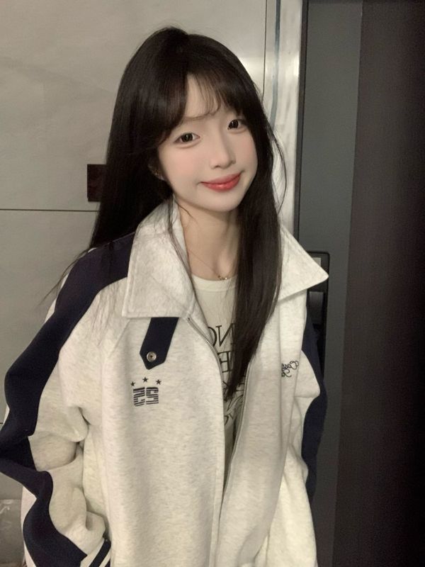 美式复古撞色拼接立领开衫卫衣女春秋学院风宽松情侣夹克上衣外套|undefined